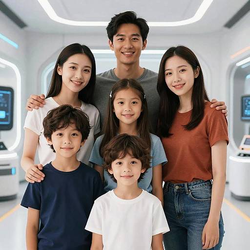 Photograph of a smiling Asian family of five: father, mother, and three children, standing in a brightly lit, modern room.