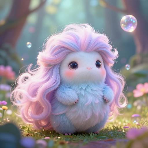 Digital art: Adorable, fluffy white creature with pastel pink and purple hair, big innocent eyes, standing in a magical forest with glowing bubbles and