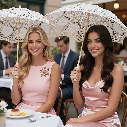 Two Women Holding Lace Parasols at Restaurant
