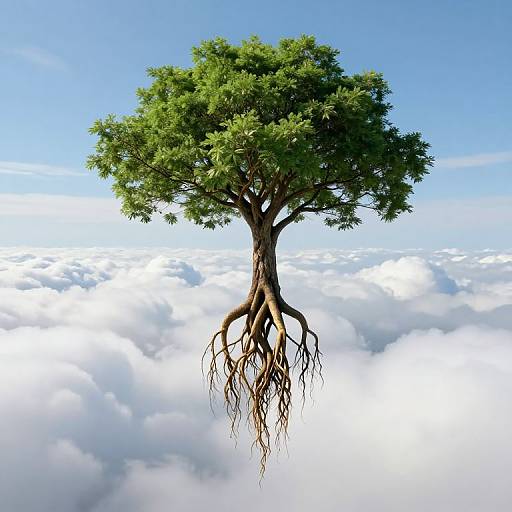 Digital artwork of a floating tree with green leaves and visible roots, set against a blue sky with fluffy white clouds.