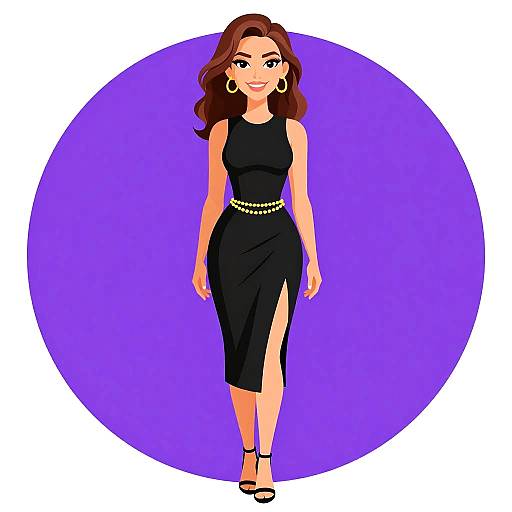 Cartoon-style illustration of a smiling woman with wavy brown hair, wearing a black sleeveless dress, gold hoop earrings, and black heels, standing