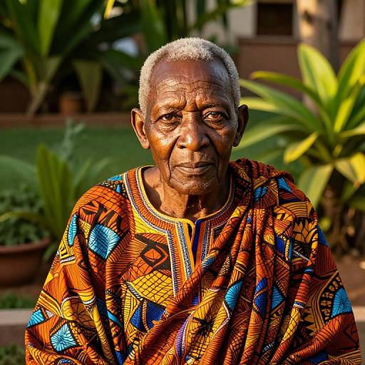 Photograph of an elderly African man with short gray hair, wearing a vibrant orange and blue patterned traditional garment, sitting outdoors with green plants in the