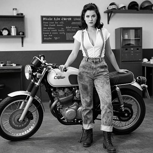 Black-and-white photograph of a confident woman with dark wavy hair, wearing a white blouse and high-waisted jeans, standing beside a vintage 