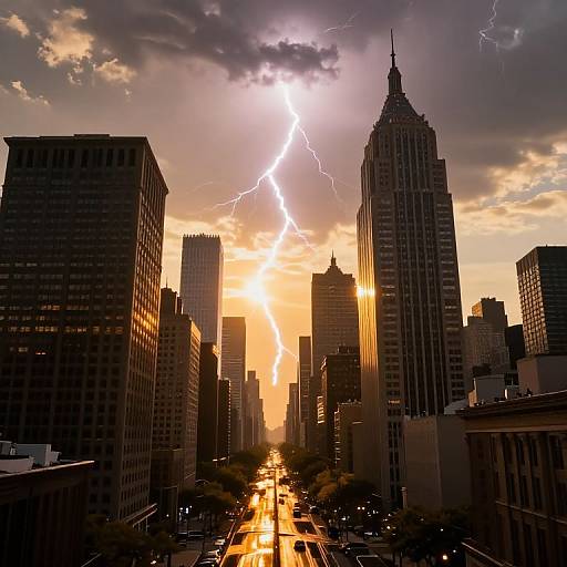 Photograph of a city skyline at sunset, with a bright lightning bolt striking the sky between tall, dark buildings.