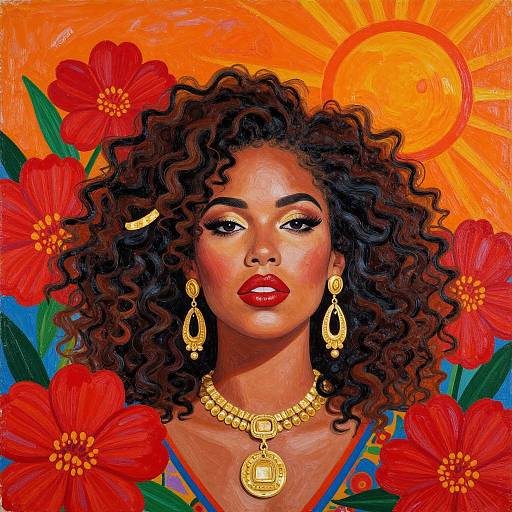 Vibrant digital painting of a Black woman with curly hair, red lipstick, gold jewelry, and red flowers against a bright orange sun. Bold colors
