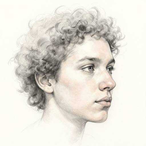 Digital pencil sketch of a young person with curly hair, light skin, and soft features, gazing to the right against a white background. Realistic