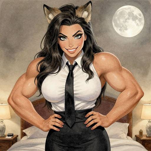 Digital artwork of a muscular, anthropomorphic cat-woman with black hair, cat ears, large breasts, wearing a white shirt and black tie, standing