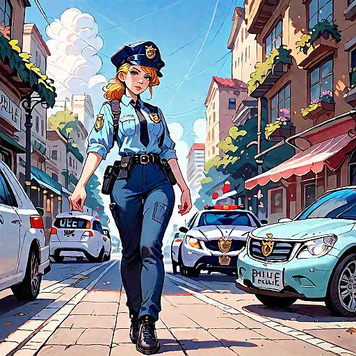 Female Police Officer Walking in City Street