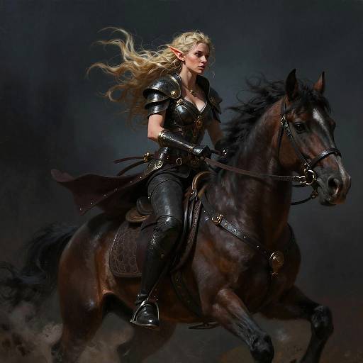Elf Warrior Riding Horse in Dark Fantasy