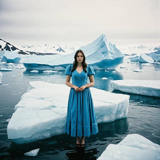 Photograph of a woman with long brown hair in a blue, puffed-sleeve dress standing on icebergs in a frozen, icy water