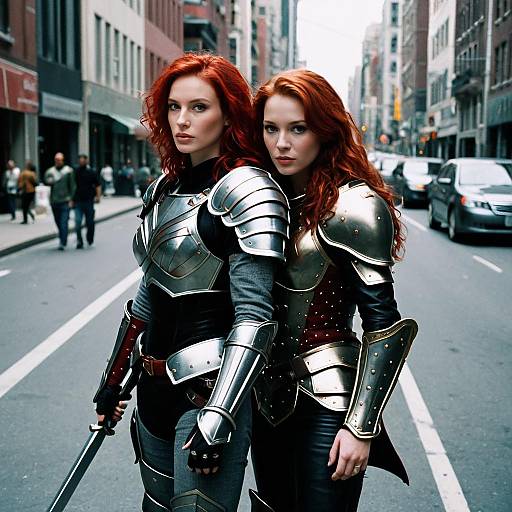 Red-Haired Warrior in City Street