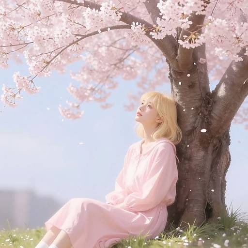 Blonde woman in pink dress sits under blooming cherry tree, petals falling, bright sunlight, serene expression, grassy background. Digital art.