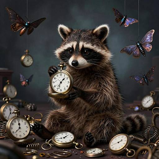 Somber Raccoon Watchmaker in Whimsical Style