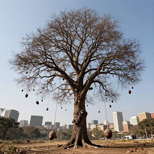 Photograph of a large, leafless tree with hanging fruit sacks, standing in an urban park against a clear blue sky and tall city buildings in the
