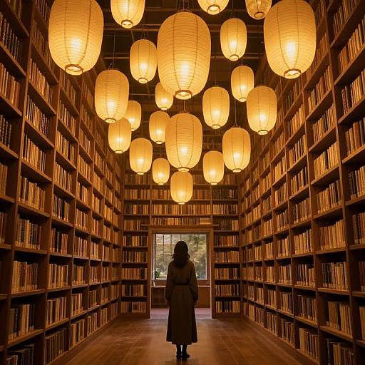Photograph of a library with warm, glowing paper lanterns hanging overhead, a lone figure in a coat standing in front of bookshelves, and