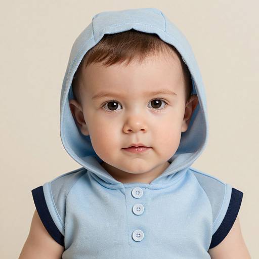 Photograph of a cute, fair-skinned baby with brown hair, wearing a light blue hooded onesie with black sleeves and buttons, against a