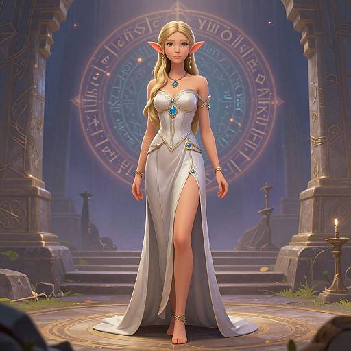 Digital artwork: A blonde elf woman with pointed ears, wearing a white, strapless, high-slit dress adorned with blue jewels, stands confidently in