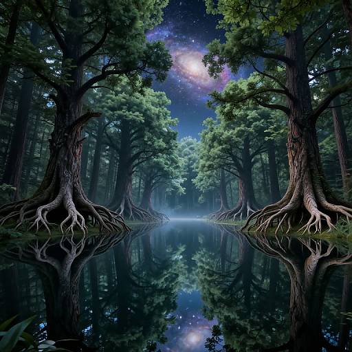 Photorealistic digital artwork of a mystical forest at night, featuring towering trees with exposed roots, a reflective, starlit water surface, and a shimmer