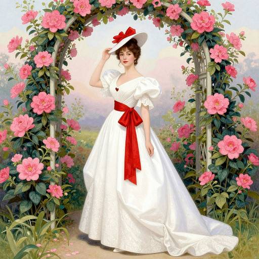 Digital painting of a fair-skinned woman in a white dress with red sash and hat, standing under a pink rose archway.