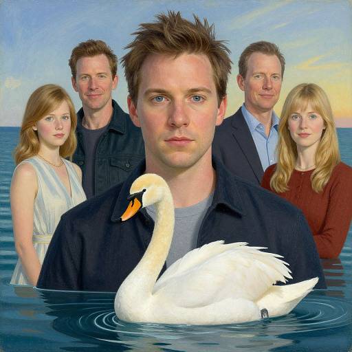 Digital artwork of a serious man in a black shirt with a swan in front, surrounded by four smiling people in a calm sea at sunset.