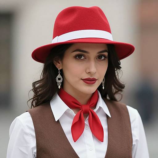 Photograph of a young woman with olive skin, dark wavy hair, red hat, white shirt, brown vest, red scarf, and dangling earrings