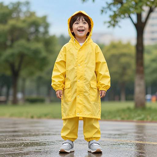 Photograph of a happy young boy in a bright yellow raincoat and matching pants, standing on a wet park path with trees in the blurry background.