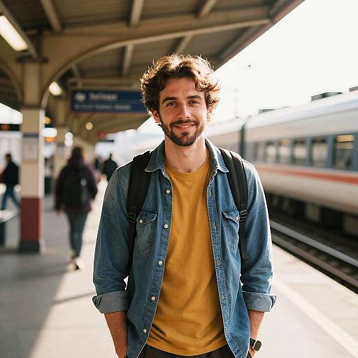 Photograph of a smiling, bearded man with wavy brown hair, wearing a denim shirt and yellow t-shirt, standing on a sunlit train