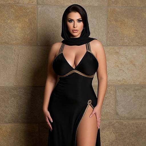 Photograph of a curvy woman with olive skin and dark hair in a black, deep V-neck dress with gold trim, revealing ample cleavage,