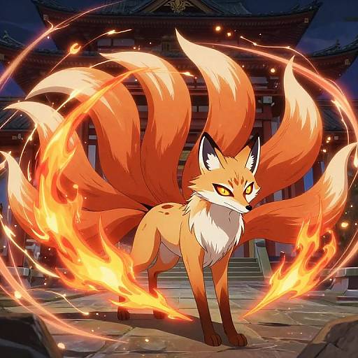 Digital anime-style illustration of a fiery, nine-tailed fox standing in front of a traditional Japanese temple at night, with vibrant orange flames swirling around its