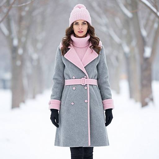 Photograph of a woman with wavy brown hair, wearing a light gray coat with pink trim, pink turtleneck, black gloves, and pink