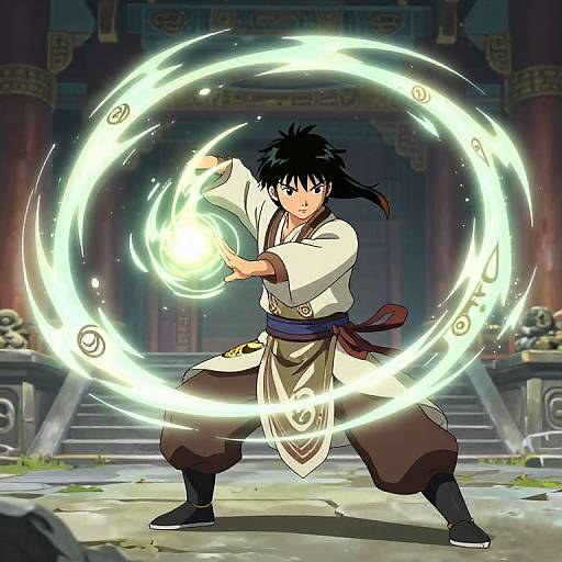 Anime-style digital drawing of a black-haired martial artist in a white gi, red sash, and brown pants, casting a glowing, circular energy attack