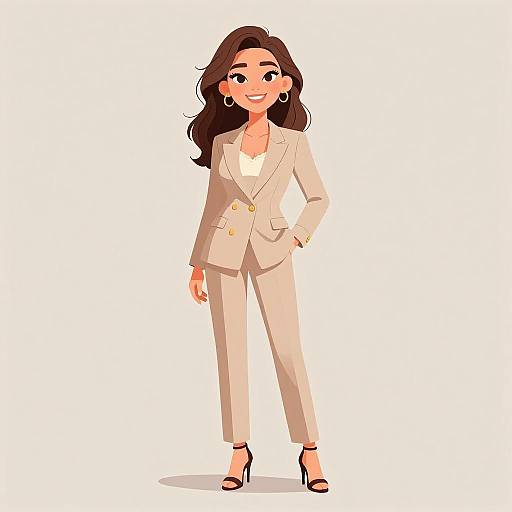 Cartoon illustration of a confident woman with long brown hair, wearing a beige suit, white blouse, gold earrings, and black heels.