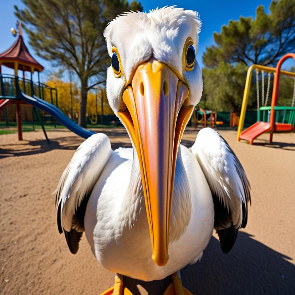 Comically Distorted Pelican in Playground