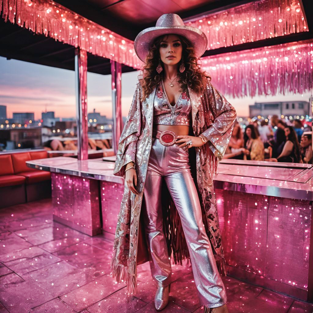 Vibrant Disco Cowgirl in Rooftop Bar