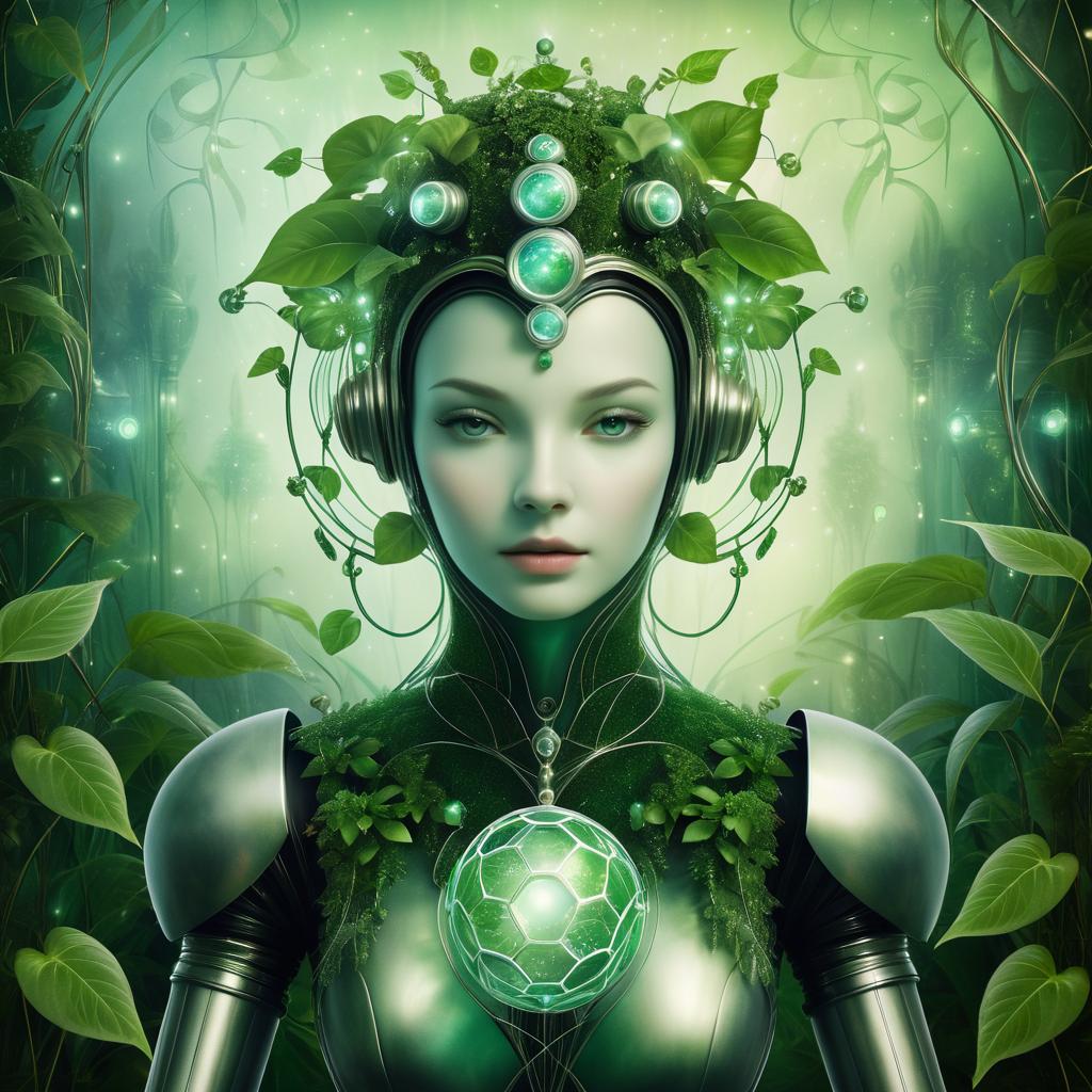 Surreal Robot Portrait with Lush Flora