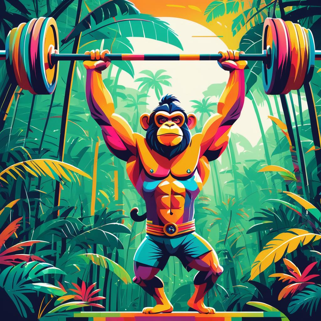 Muscular Monkey Lifting Barbell in Jungle