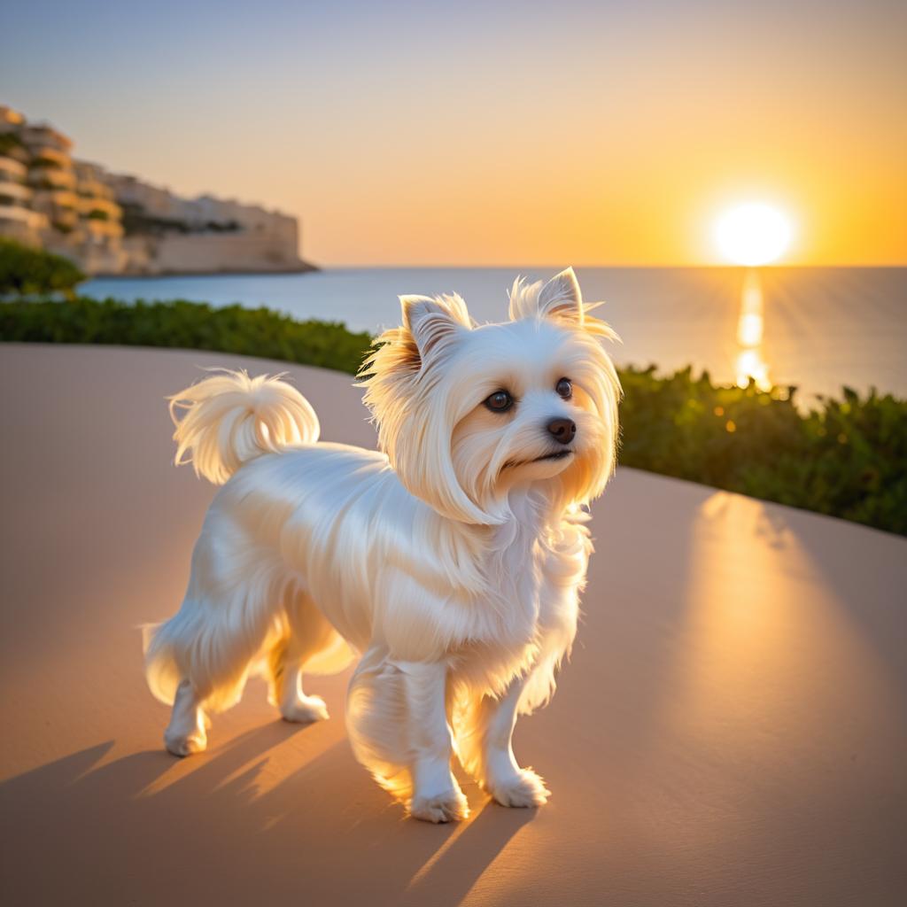 Elegant Maltese in Tropical Sunset