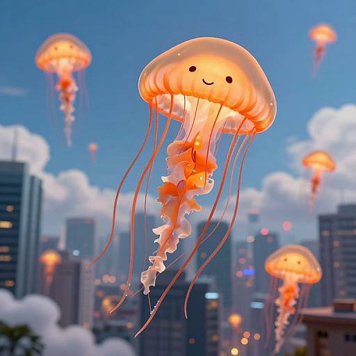 Photograph of glowing, smiling jellyfish with orange and white hues floating above a city skyline at dusk, surrounded by tall buildings and cloudy sky.