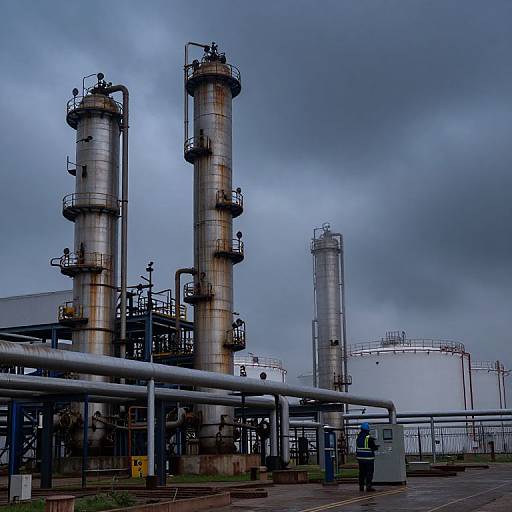 Photograph of industrial refinery with two tall, rusted steel towers, cloudy blue-gray sky, complex piping, and a distant white storage tank.