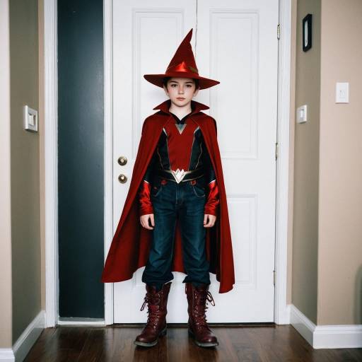 Boy in Scarlet Witch Costume Standing Indoors