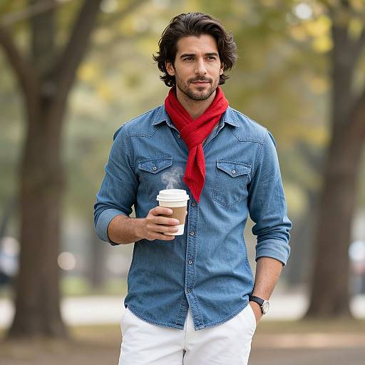 Photograph of a handsome, dark-haired man with a beard, wearing a blue denim shirt, red scarf, and white pants, holding a coffee cup