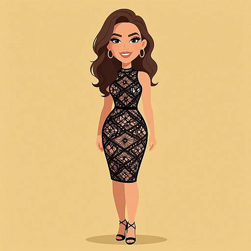 Digital illustration of a smiling woman with long brown hair, wearing a black lace sleeveless dress and black heels, standing against a yellow background.