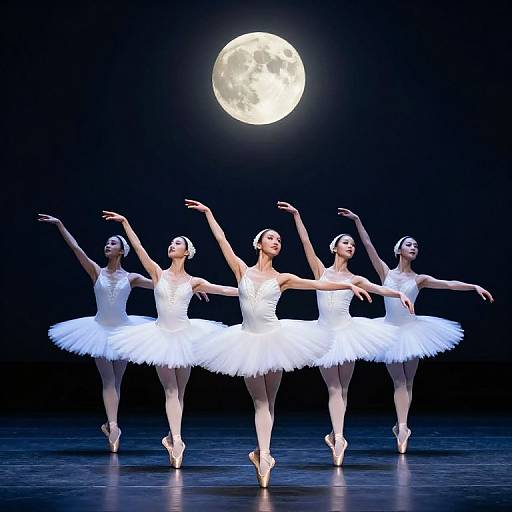 Photograph of four ballerinas in white tutus, poised under a bright full moon, arms elegantly raised, on a dark stage.