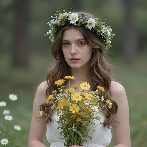 Photograph of a young woman with fair skin, brown wavy hair, wearing a white dress and flower crown, holding daisy bouquet in a green