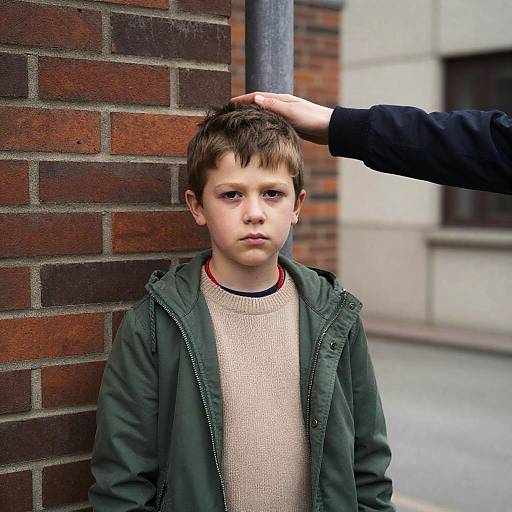 Boy Near Brick Wall with Serious Expression