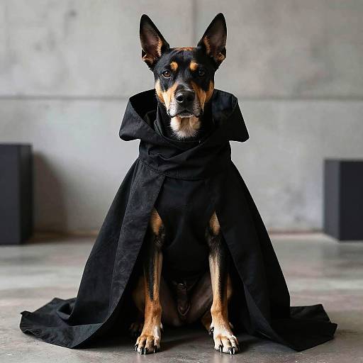 Photograph of a German Shepherd wearing a black, Victorian-style cloak, sitting on a concrete floor with a gray wall background.