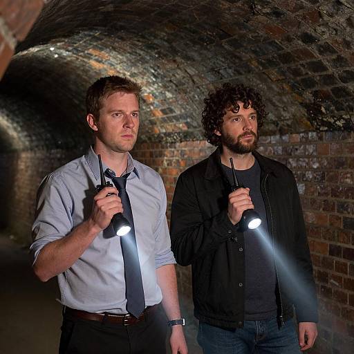 Men Exploring Dimly Lit Underground Tunnel
