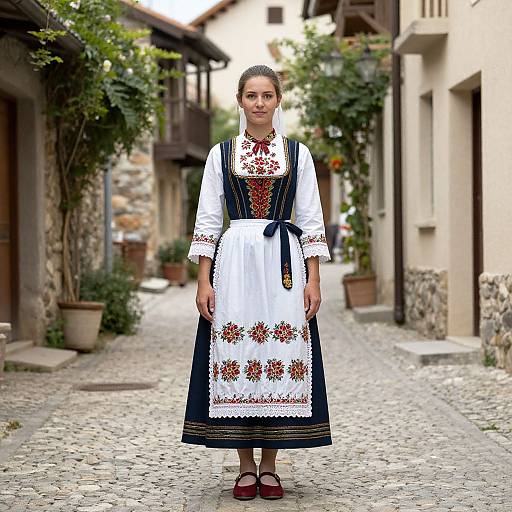 Photograph of a young woman in traditional Eastern European folk dress, standing on a cobblestone street between stone buildings.