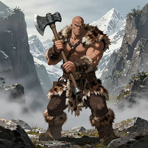 Muscular bald man in fur loincloth and armor stands with axe in snowy mountain landscape, holding weapon confidently. Digital art.