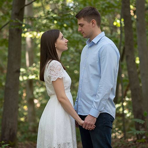 Photograph of a young couple standing in a forest, holding hands, gazing into each other's eyes. She wears a white lace dress; he
